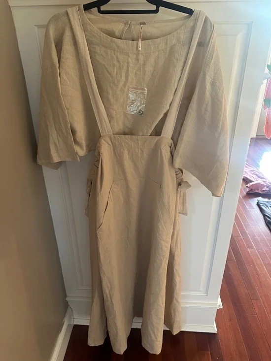 Free People Beige 2 piece Linen-Blend Midi Pinafore Dress with Wide Sleeve Top - Picture 1 of 5